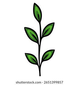 A vector illustration of a stylized sprig with five green leaves, featuring a bold black outline and layered shades of green for a vibrant, nature-inspired design.