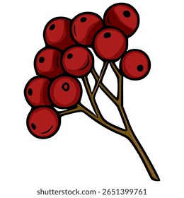 A vector illustration of a stylized sprig of red berries, featuring bold outlines and a dark brown stem, suitable for autumnal designs and seasonal greetings.