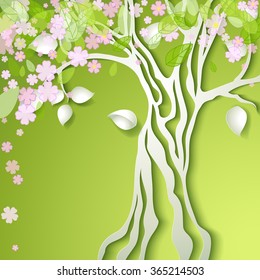 Ilustración vectorial con un árbol primaveral estilizado con flores rosadas