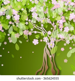 Vector illustration with stylized spring tree with pink flowers