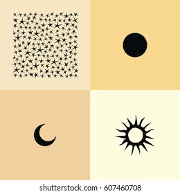 vector illustration of  stylized stars sun and moon in black color on pastel geometric background