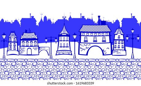 vector illustration of a stylized street of an old city made in the style of decoration with a blue contour with a paved road with houses, street lanterns on the background placed city lights 