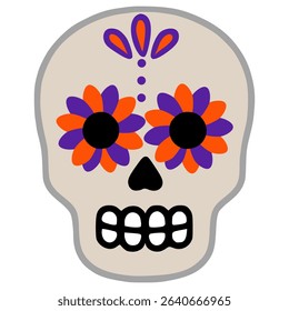 A vector illustration of a stylized sugar skull with orange and purple floral eye decorations, featuring a minimalist design and muted color palette, perfect for Day of the Dead themed projects.