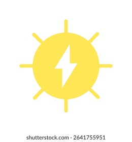Vector illustration of a stylized sun with an energy symbol inside, representing solar power, renewable energy, and eco-friendly electricity generation.