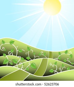 Vector illustration of a stylized sunny day scenery with floral swirly vines and road leading towards the horizon.