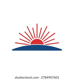 Vector illustration of a stylized sunrise or sunset over a hill with vibrant red rays