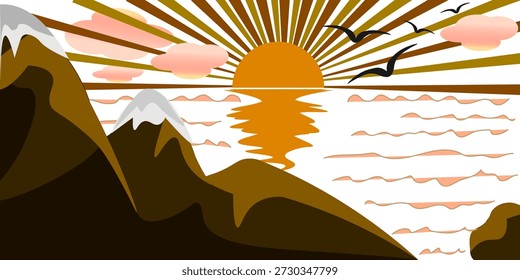 Vector illustration of a stylized sunset over snow-capped mountains, with striped sun rays, flying bird silhouettes, pink clouds, and shimmering water reflection.
