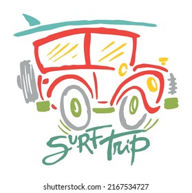 Vector illustration of stylized surfer car. Art in a laid-back style, with simple strokes.