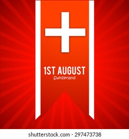 Vector illustration stylized Switzerland flag on banner with red background. Switzerland Independence Day, "1st August"