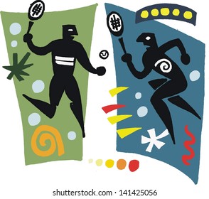 Vector illustration of stylized tennis players hitting ball