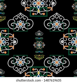 Vector Illustration Of Stylized Traditional Ornaments And Motifs. Mongolian Jewelry Motifs In Orange, Yellow, Grey, Blue And Black. Seamless Pattern For Gifts, Posters, Flyers, Wallpaper, Textile