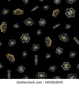 Vector Illustration of stylized traditional ornaments and motifs. Mongolian jewelry motifs in orange, yellow, grey, sage and black. Seamless pattern for gifts, posters, flyers, wallpaper, textile, fab
