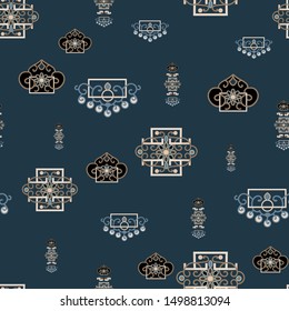 Vector Illustration of stylized traditional ornaments and motifs. Mongolian jewelry motifs in tan, cream, grey, blue and black. Seamless pattern for gifts, posters, flyers, wallpaper, textile, fabric 