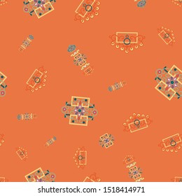 Vector Illustration of stylized traditional ornaments and motifs. Mongolian jewelry motifs in orange, yellow, grey, coral and sage. Seamless pattern for gifts, posters, flyers, wallpaper, textile.