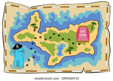 vector illustration - stylized pirat? treasure map with a cat and a cat food