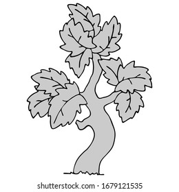 vector illustration, stylized tree with leaves, graphic drawing in doodle style, black and gray design, isolate on a white background