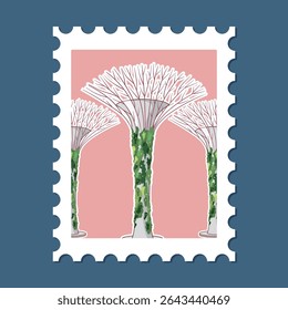 Vector illustration of stylized trees on a stamp with a pink background. Features clean lines and a modern aesthetic