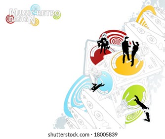 Vector illustration of a stylized turntable design element and cool speaker towers with black silhouettes. Spiced with rainbow spirals.