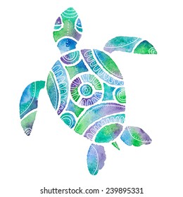 vector illustration of stylized turtle in watercolor technique in green, blue and violet colors