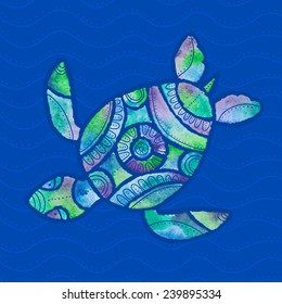 vector illustration of stylized turtle in watercolor technique in green, blue and violet colors on the background of sea water