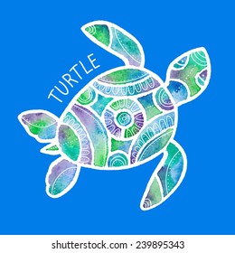 vector illustration of stylized turtle in watercolor technique in green, blue and violet colors on blue background