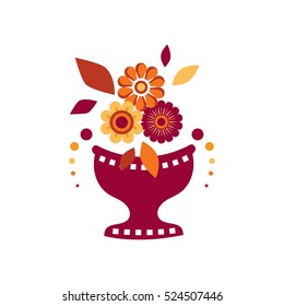 Vector illustration of stylized vase with flowers. Flat style flowers, leaves, petals. Elements for design isolated on white background Pink, magenta colors