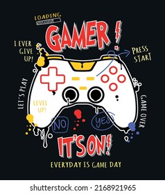 Vector illustration of stylized video game controller with text and ink splatter.