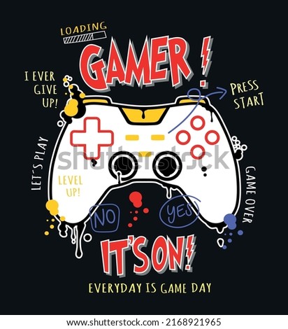 Vector illustration of stylized video game controller with text and ink splatter.