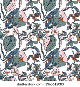 Vector illustration of stylized vintage abstract florals in pink, lilac, olive, smoky blue, orange and white. Seamless repeat pattern for gift, cards, wallpaper, scrapbooking, fabric, interior, paper