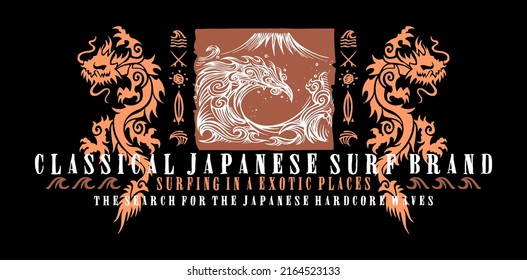 Vector illustration of stylized wave and mountain. Art with oriental dragon and text alluding to surfing in japan.