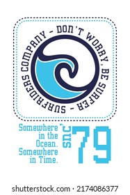 Vector illustration of stylized wave with surfing related text.