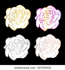 Vector illustration of a stylized white roses, isolated on a black background. Decorative set for design. Printed item on clothing, textiles, glassware.