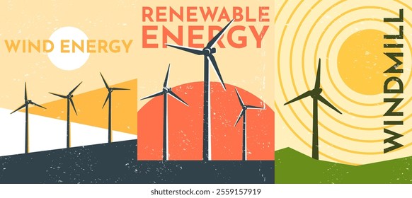 Vector illustration. Stylized wind energy posters with windmills in retro geometric style. Renewable energy, eco-friendly technology. Bold shapes design elements for poster, cover, wall decor, flyer