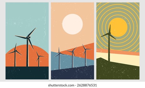 Vector illustration. Stylized wind energy background with windmills in retro geometric style. Renewable energy, eco-friendly concept. Bold shapes design elements. Retro funky 60s, 70s graphics 