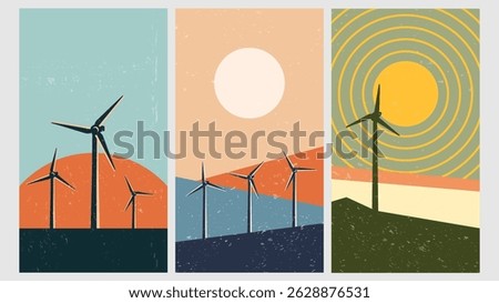 Vector illustration. Stylized wind energy background with windmills in retro geometric style. Renewable energy, eco-friendly concept. Bold shapes design elements. Retro funky 60s, 70s graphics 