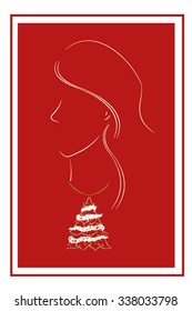 Vector illustration of a stylized woman with christmas tree necklace on a red background.