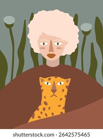 Vector illustration of a stylized woman holding a spotted leopard in front of tall plants. The woman's expression is serene, complementing the natural theme and earthy tones.