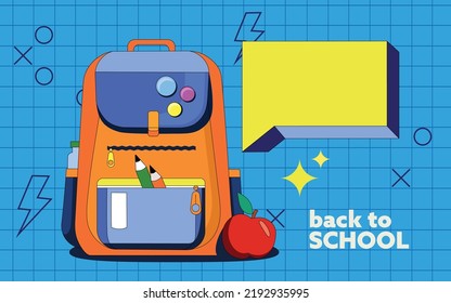 Vector illustration of subjects for school. Drawn school backpack and pencils in Stylist 90s in bright colors. Text bubble and design elements on a blue background with a modern pattern.