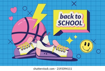 Ilustración vectorial de las materias para la escuela. Dibuja baloncesto y zapatillas en los años 90 con colores vivos. Burbuja de texto moderna y luz amarilla sobre un fondo azul con un patrón infantil.