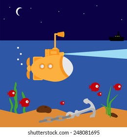  Vector illustration with a submarine, an anchor and fishes. Design element for poster, t-shirt, cover.