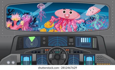 Vector illustration of submarine dashboard overlooking vibrant underwater scene with happy pink jellyfish.