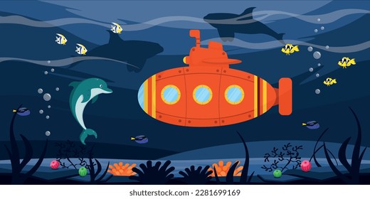 Vector illustration of a submarine diving into the depths of the ocean. View from the local flora and fauna. Dolphin,fish. coral sponges and anemones. Immersion of the bathyscaphe in the deep sea.