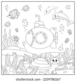 Vector illustration with submarine, dolphin, algae, jellyfish, fish, sea horse and sea floor. Cute square page coloring book for children. Simple funny kid's drawing. Black lines, sketch on a white ba