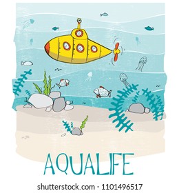 Vector Illustration Submarine in Ocean T-shirt Graphic Summer Fashion Design with Typography Aqua