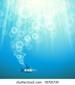 vector illustration of submarine on underwater shiny background