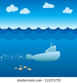 Vector illustration of a submarine sailing beneath the ocean.