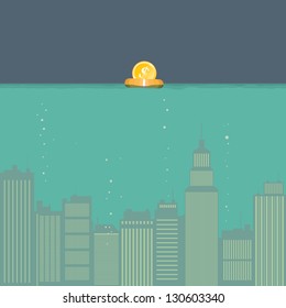 Vector illustration of submerged city with a dollar coin floating on a rescue ring.