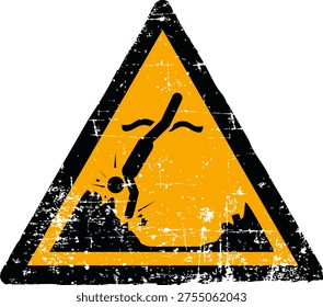 Vector illustration of a submerged objects hazard sign with a grunge texture. Worn scratched yellow triangle symbol showing a person hitting a submerged object isolated on white background. Meets international safety sign standards including ISO 7010 W049 ANSI Z535 OSHA and DIN 4844. Distressed industrial danger emblem for marine safety.