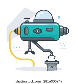 A vector illustration of a submersible ROV machine featuring a mechanical manipulator arm and a glass dome cockpit used for deep sea exploration and subsea maintenance tasks