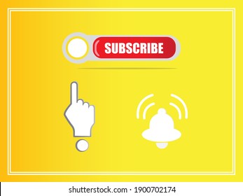 vector illustration of SUBSCRIBE button, bell, hand cursor on yelow background.